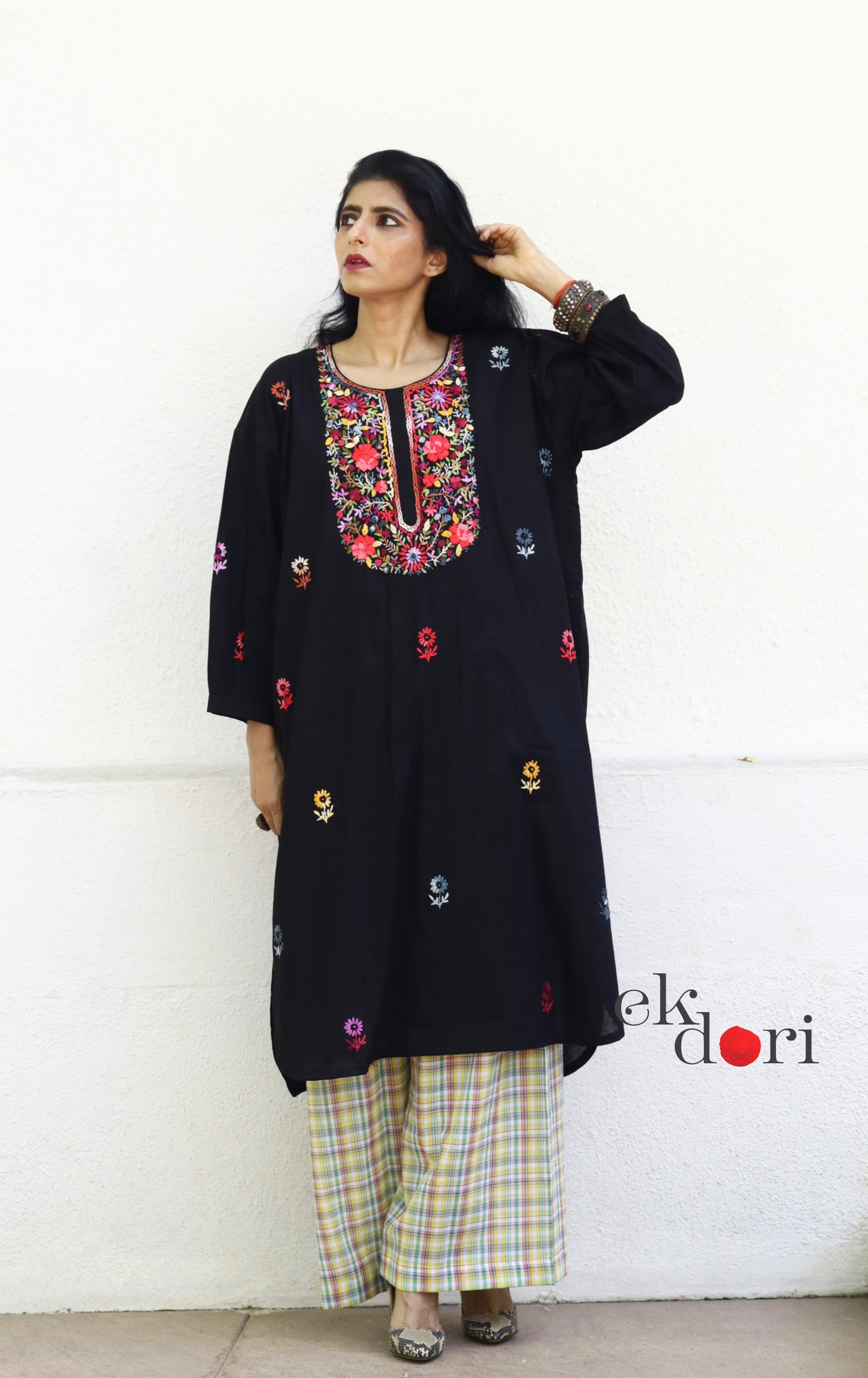 Cotton Black Embroidered Kurta Co-ord Set 'Gulaab' : Buy Bullion Embroidery Cotton Co-ord Kurts Sets For Summer