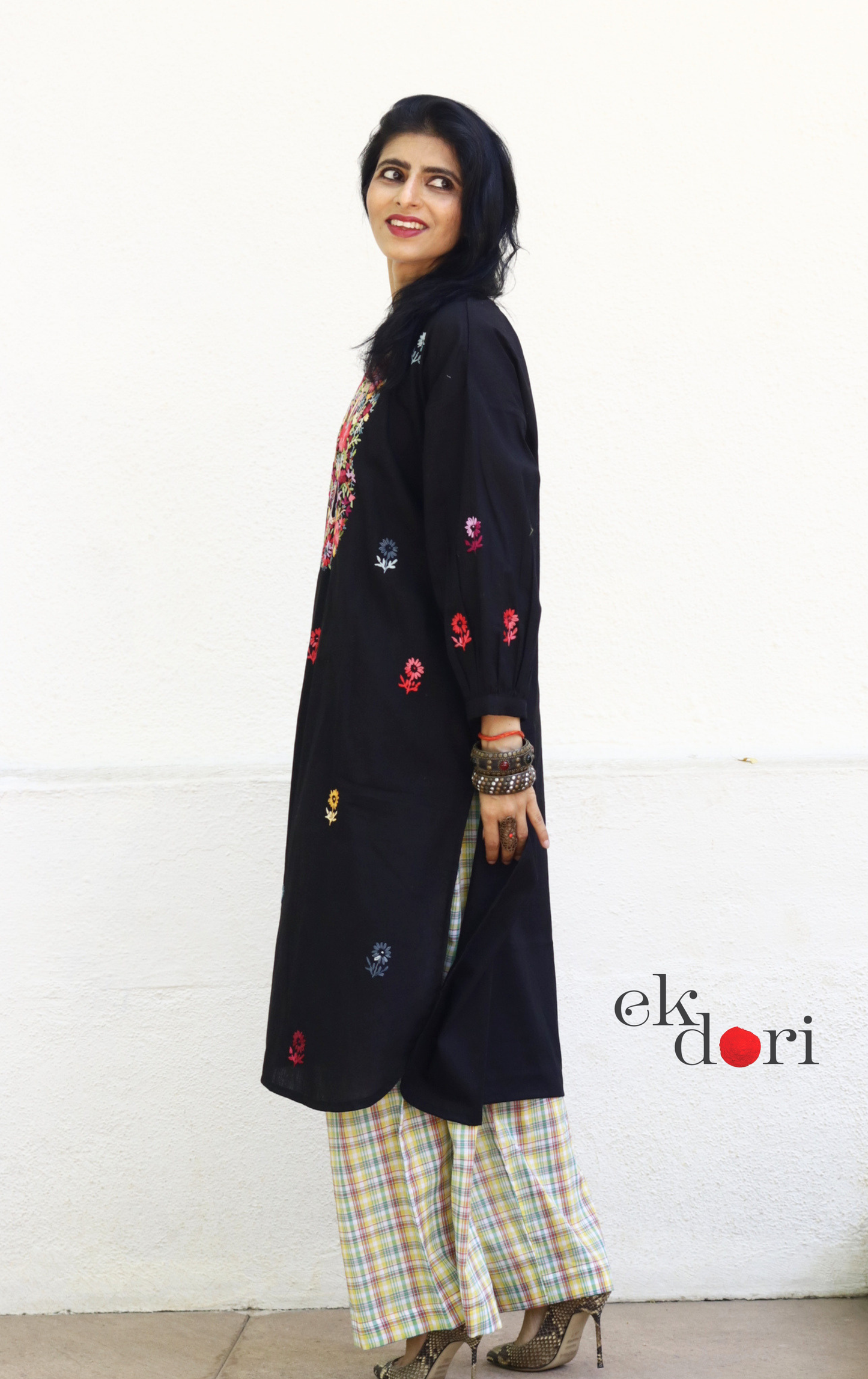 Cotton Black Embroidered Kurta Co-ord Set 'Gulaab' : Buy Bullion Embroidery Cotton Co-ord Kurts Sets For Summer