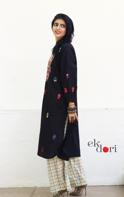 Cotton Black Embroidered Kurta Co-ord Set 'Gulaab' : Buy Bullion Embroidery Cotton Co-ord Kurts Sets For Summer