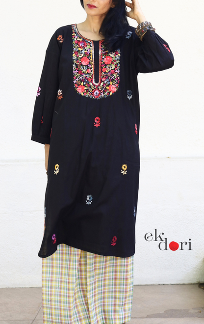 Cotton Black Embroidered Kurta Co-ord Set 'Gulaab' : Buy Bullion Embroidery Cotton Co-ord Kurts Sets For Summer