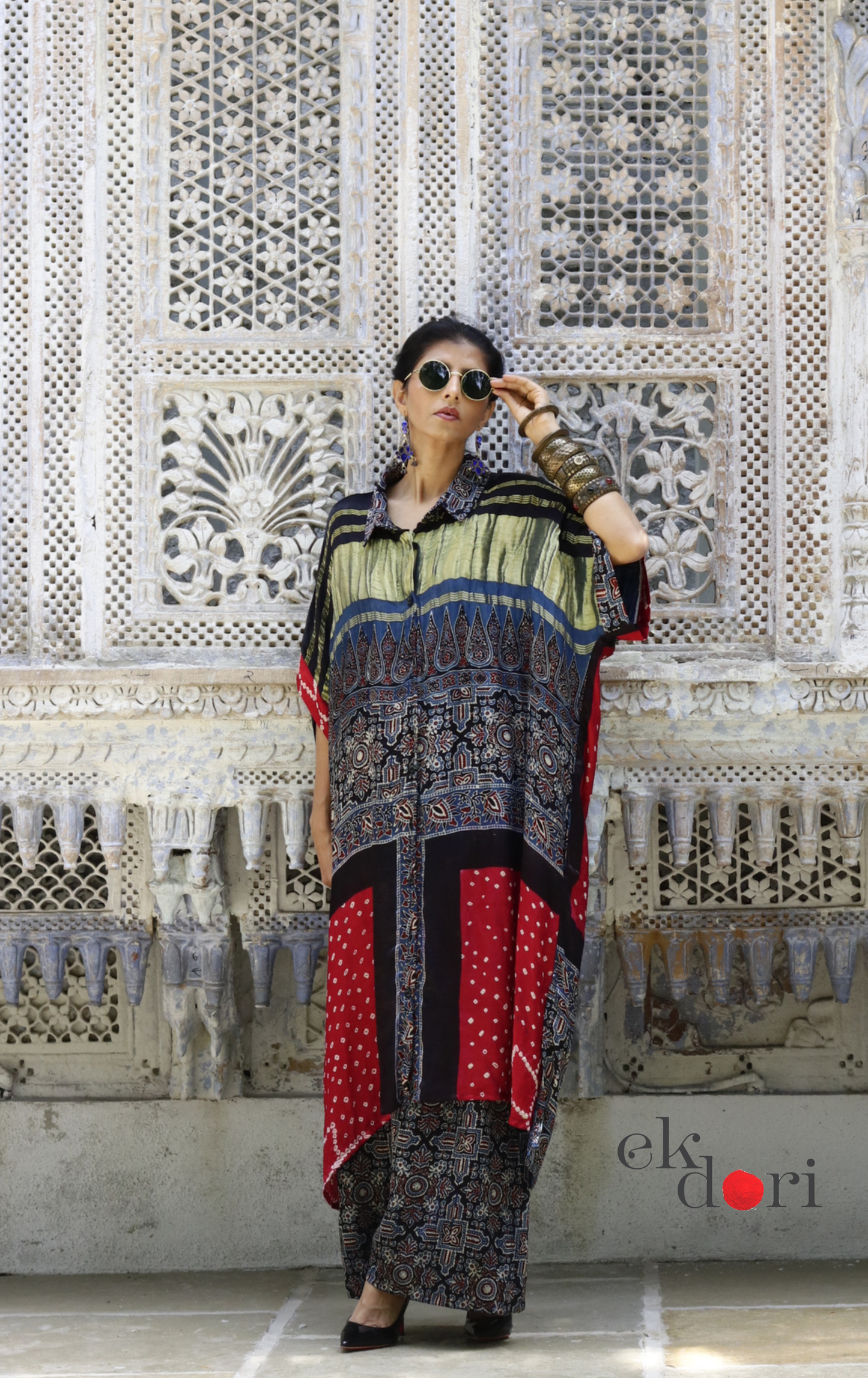 Bandhani Ajrakh Modal Kaftan Kurta Palazzo Co-ord Set | 'Desert Duel' | Ek Dori