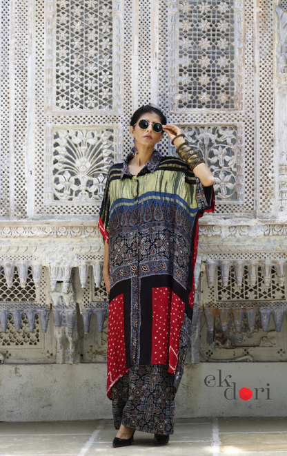 Bandhani Ajrakh Modal Kaftan Kurta Palazzo Co-ord Set | 'Desert Duel' | Ek Dori