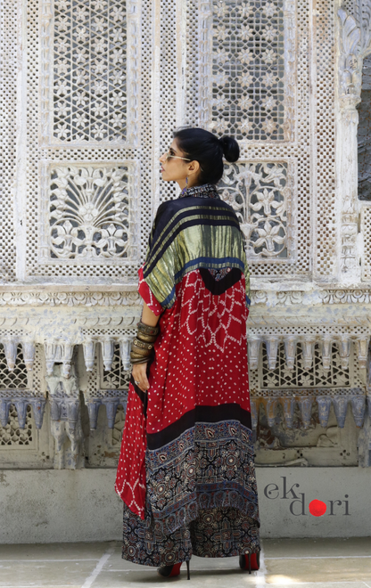Bandhani Ajrakh Modal Kaftan Kurta Palazzo Co-ord Set | 'Desert Duel' | Ek Dori