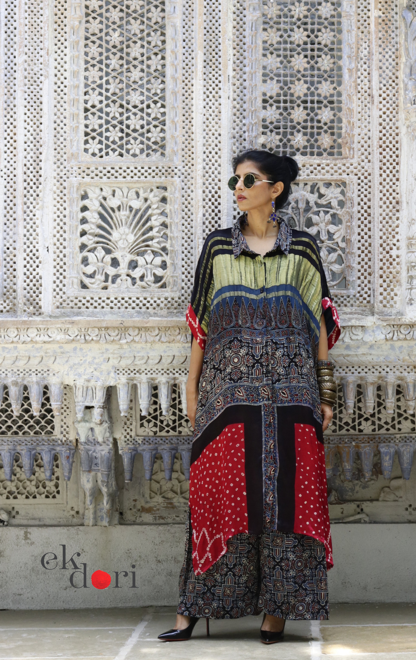 Bandhani Ajrakh Modal Kaftan Kurta Palazzo Co-ord Set | 'Desert Duel' | Ek Dori