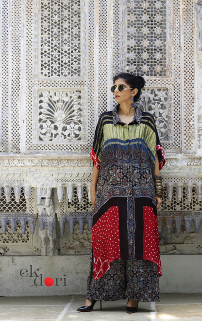 Bandhani Ajrakh Modal Kaftan Kurta Palazzo Co-ord Set | 'Desert Duel' | Ek Dori
