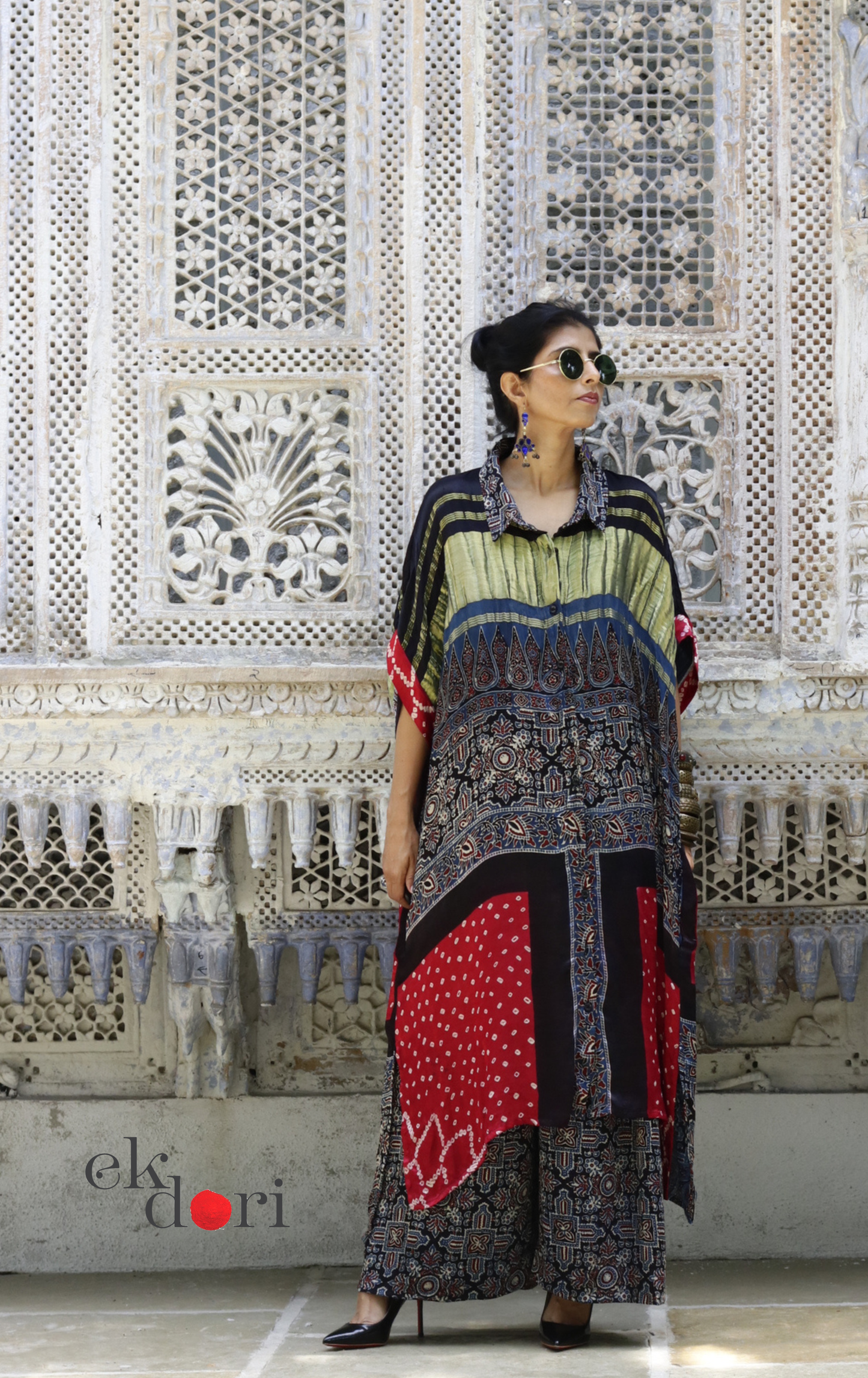 Bandhani Ajrakh Modal Kaftan Kurta Palazzo Co-ord Set | 'Desert Duel' | Ek Dori
