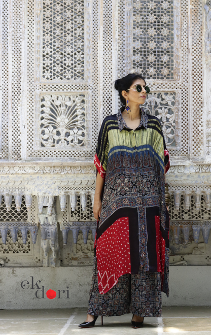 Bandhani Ajrakh Modal Kaftan Kurta Palazzo Co-ord Set | 'Desert Duel' | Ek Dori