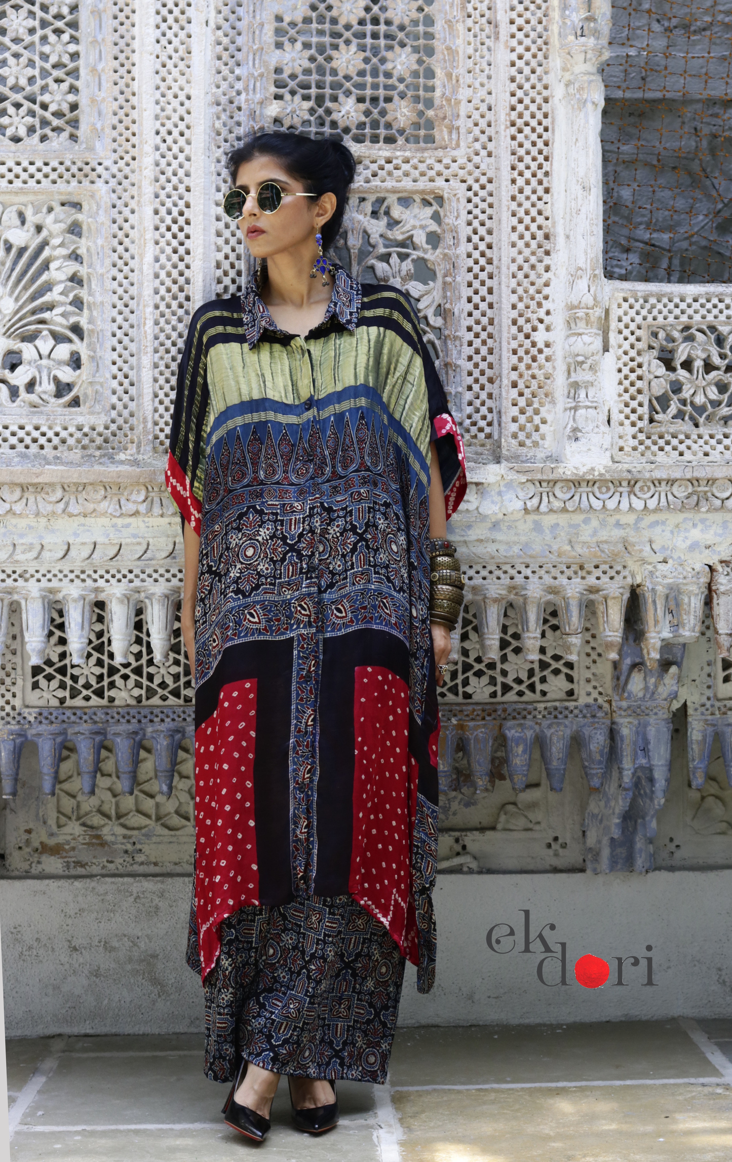 Bandhani Ajrakh Modal Kaftan Kurta Palazzo Co-ord Set | 'Desert Duel' | Ek Dori