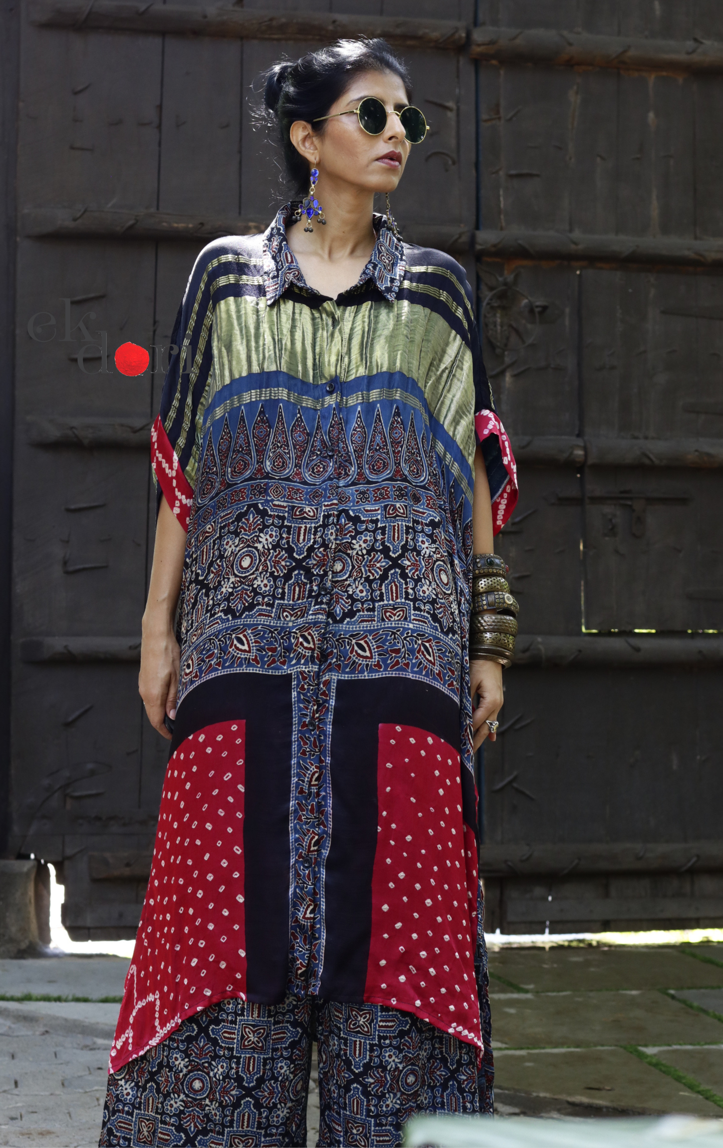 Bandhani Ajrakh Modal Kaftan Kurta Palazzo Co-ord Set | 'Desert Duel' | Ek Dori