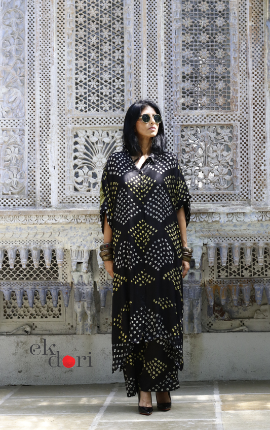 Black Bandhani Modal Kaftan Kurta Palazzo Co-ord Set handcrafted tie-dye Indian ethnic wear