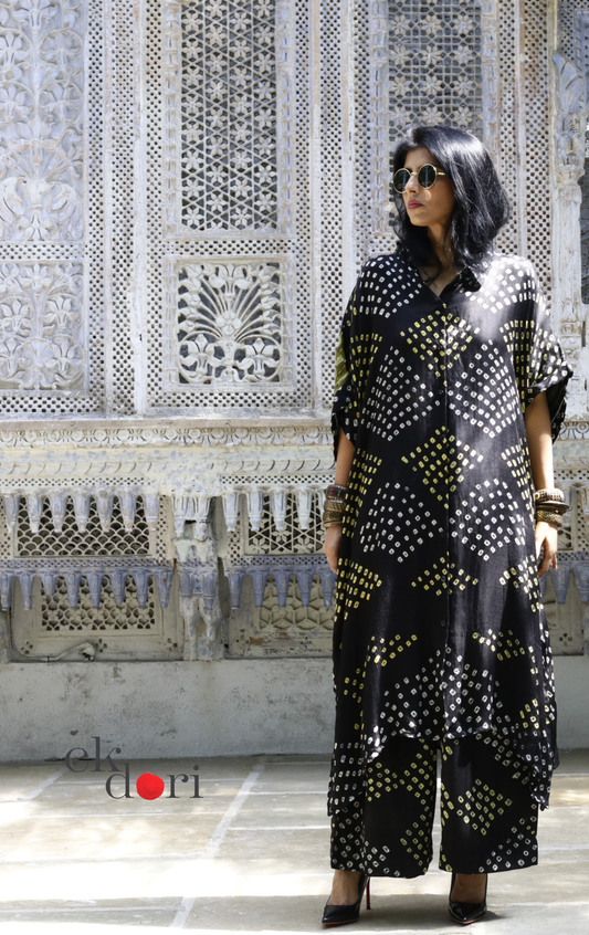 Black Bandhani Modal Kaftan Kurta Palazzo Co-ord Set handcrafted tie-dye Indian ethnic wear