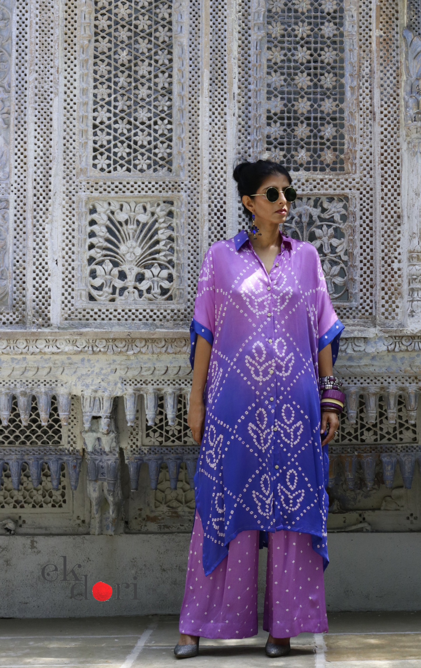 Bandhani Modal Kaftan Kurta Palazzo Co-ord Set in Purple Ombré | 'Violet Dusk' | Ek Dori