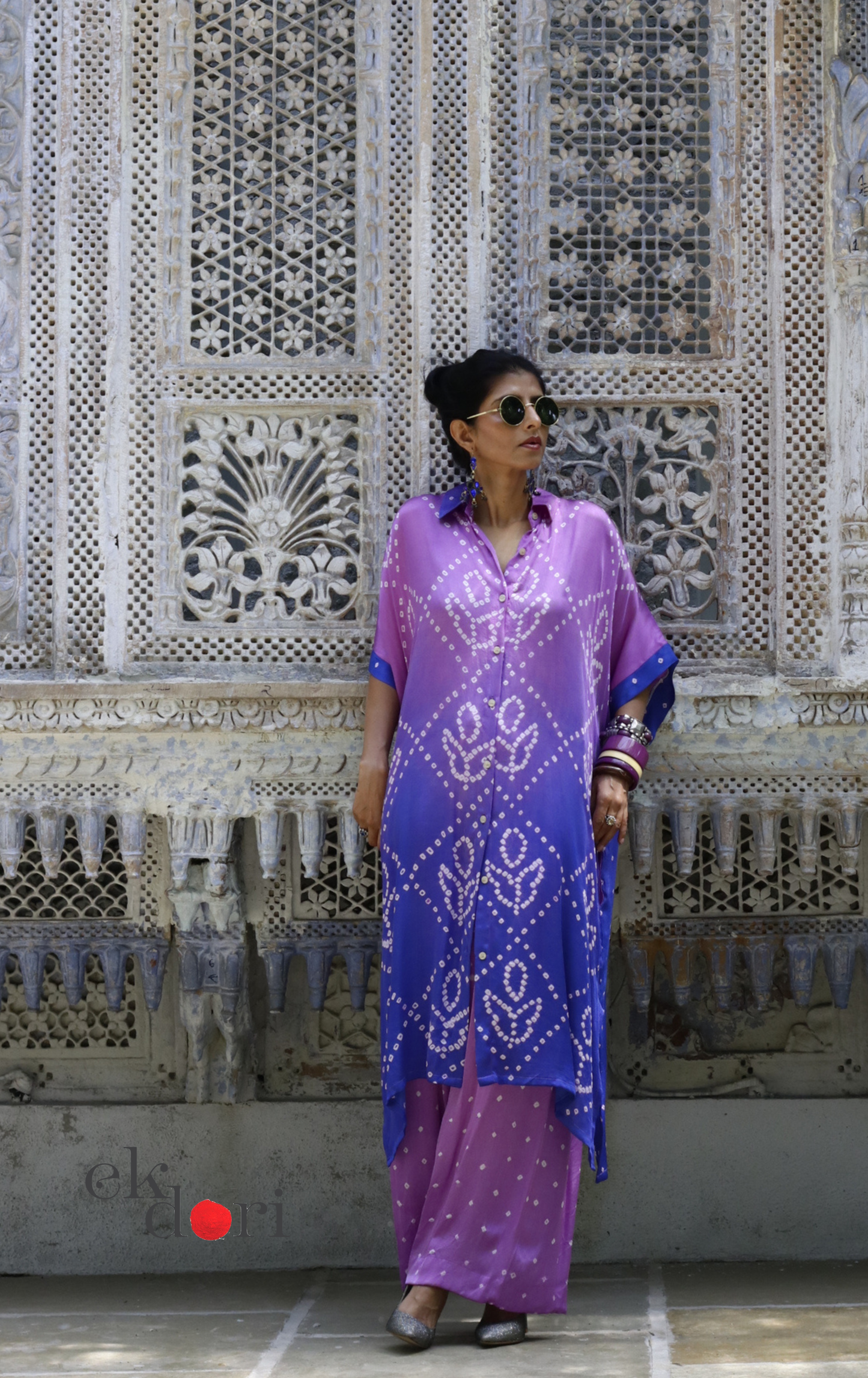 Bandhani Modal Kaftan Kurta Palazzo Co-ord Set in Purple Ombré | 'Violet Dusk' | Ek Dori