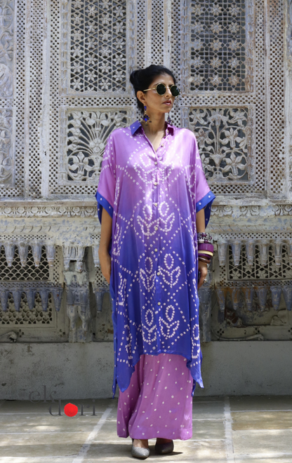 Bandhani Modal Kaftan Kurta Palazzo Co-ord Set in Purple Ombré | 'Violet Dusk' | Ek Dori