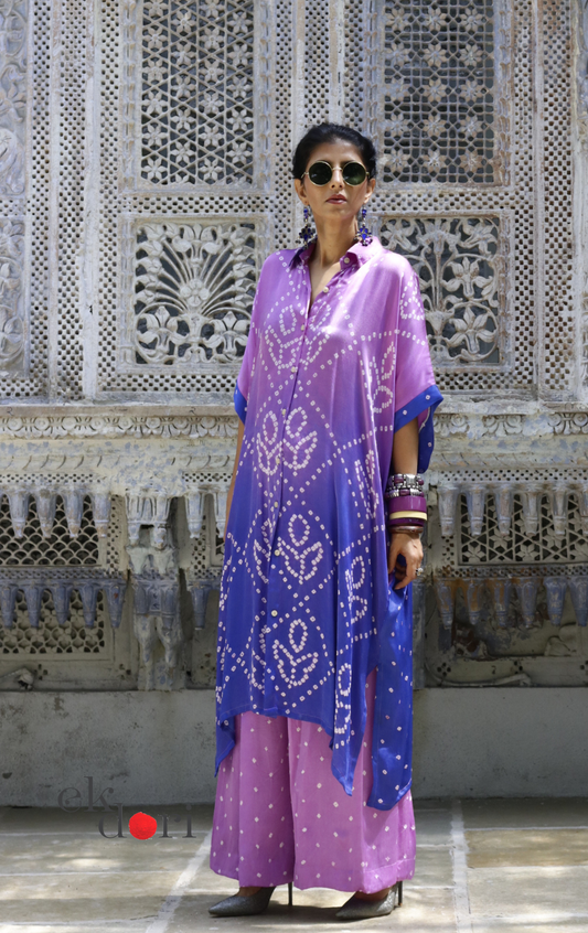 Bandhani Modal Kaftan Kurta Palazzo Co-ord Set in Purple Ombré | 'Violet Dusk' | Ek Dori