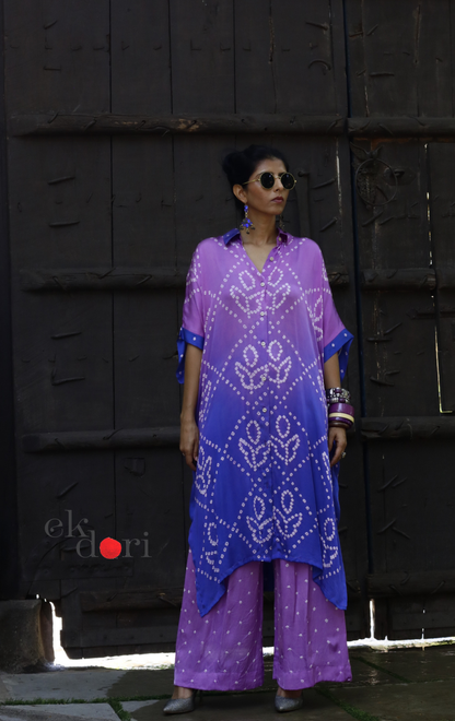 Bandhani Modal Kaftan Kurta Palazzo Co-ord Set in Purple Ombré | 'Violet Dusk' | Ek Dori