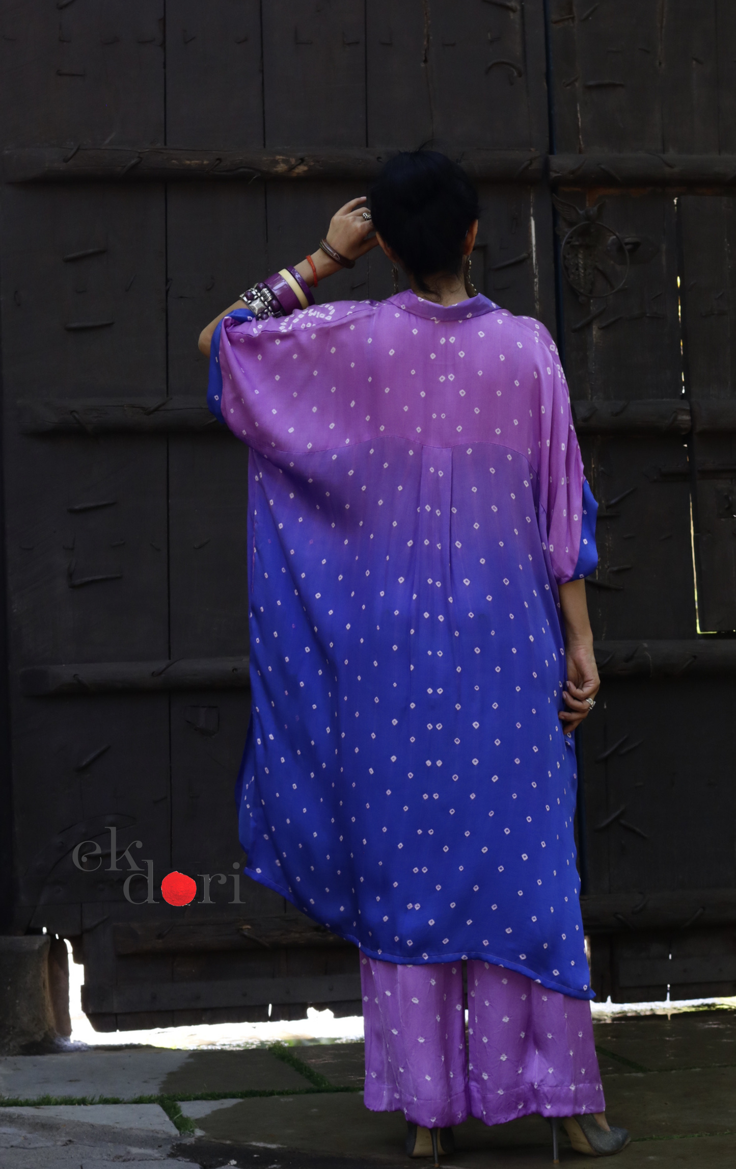 Bandhani Modal Kaftan Kurta Palazzo Co-ord Set in Purple Ombré | 'Violet Dusk' | Ek Dori