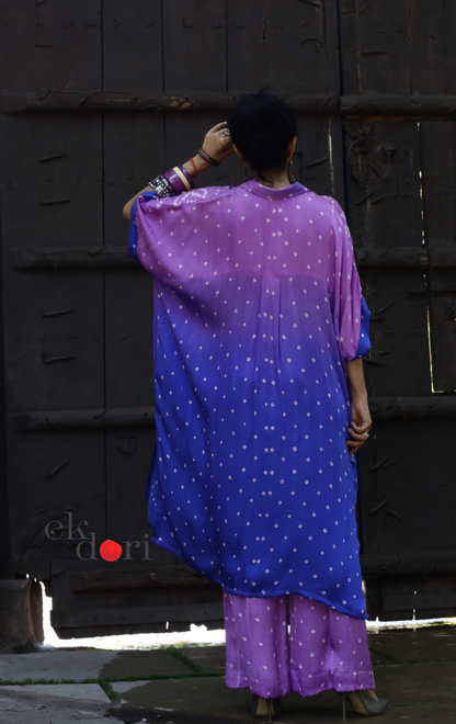Bandhani Modal Kaftan Kurta Palazzo Co-ord Set in Purple Ombré | 'Violet Dusk' | Ek Dori