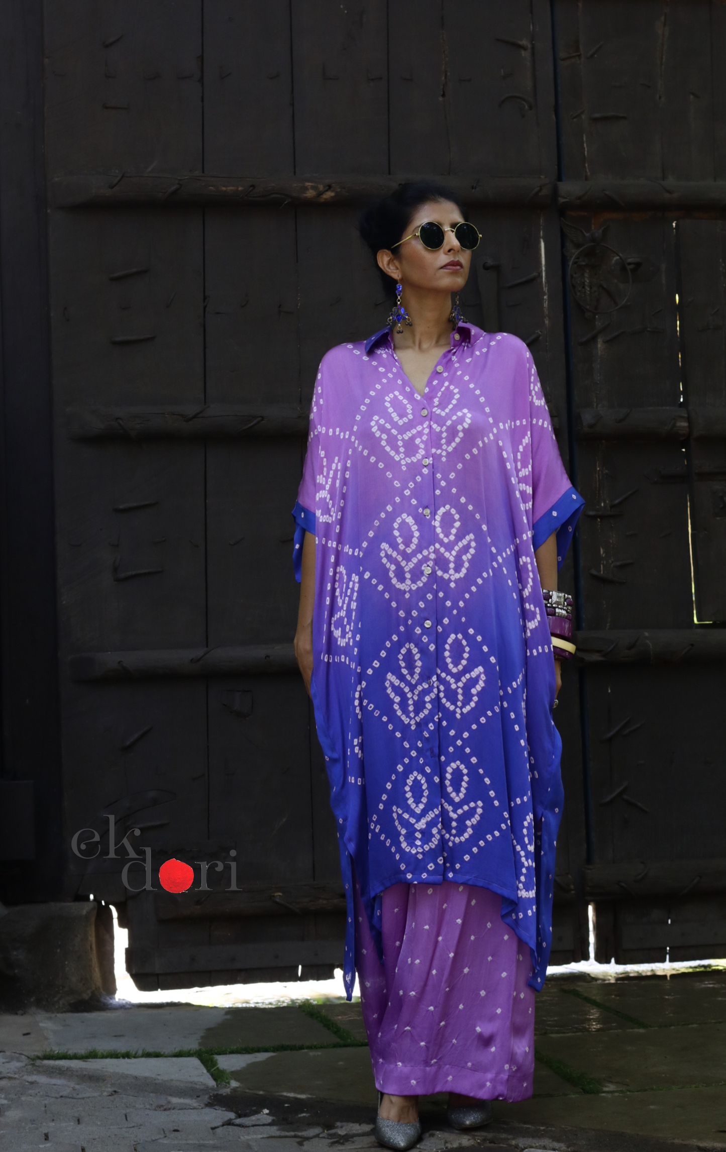 Bandhani Modal Kaftan Kurta Palazzo Co-ord Set in Purple Ombré | 'Violet Dusk' | Ek Dori