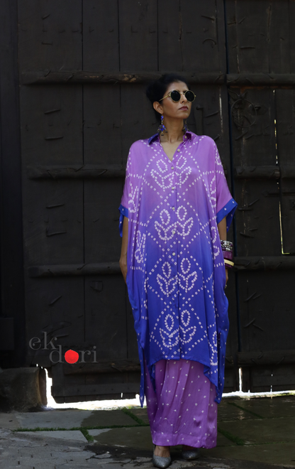 Bandhani Modal Kaftan Kurta Palazzo Co-ord Set in Purple Ombré | 'Violet Dusk' | Ek Dori
