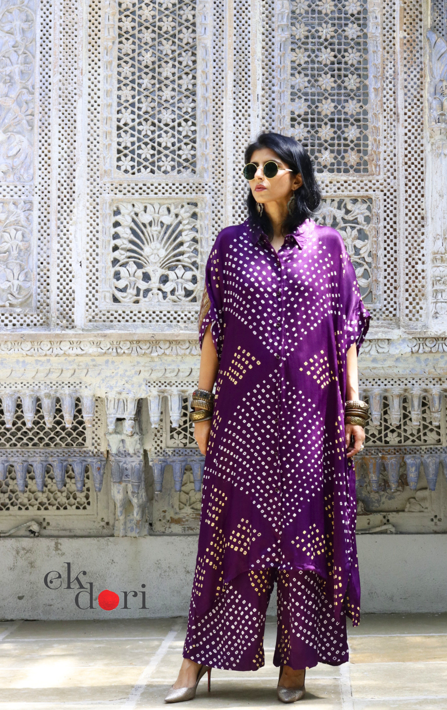 Bandhani Modal Kurta Palazzo Co-ord Set in Purple | 'Jamuni Jaam' | Ek Dori