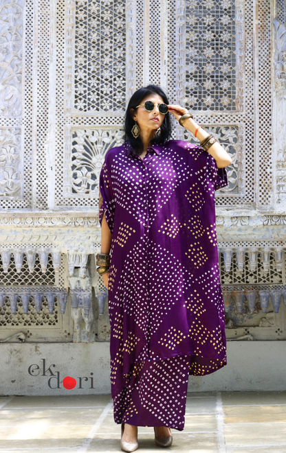 Bandhani Modal Kurta Palazzo Co-ord Set in Purple | 'Jamuni Jaam' | Ek Dori