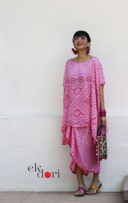 Bandhani Modal Co-ord Skirt Set 'Pink Lily' : 2 Piece Skirt & Bandhani Top Set