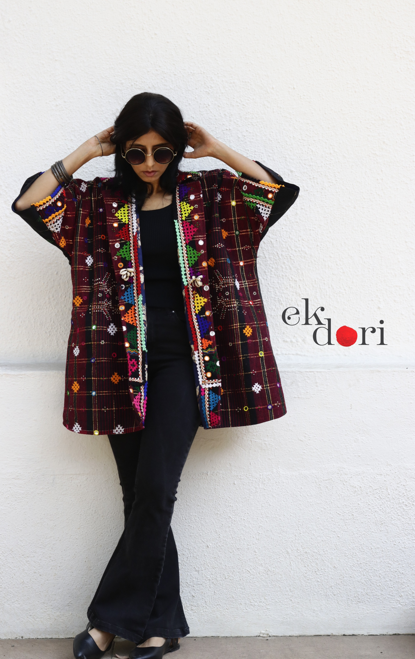 Tangaliya Shawl Jacket With Kutch Embroidery - 'Black & Rust' Tangaliya Boho Jacket