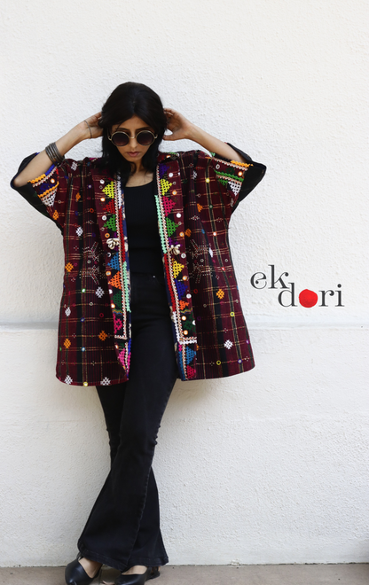 Tangaliya Shawl Jacket With Kutch Embroidery - 'Black & Rust' Tangaliya Boho Jacket