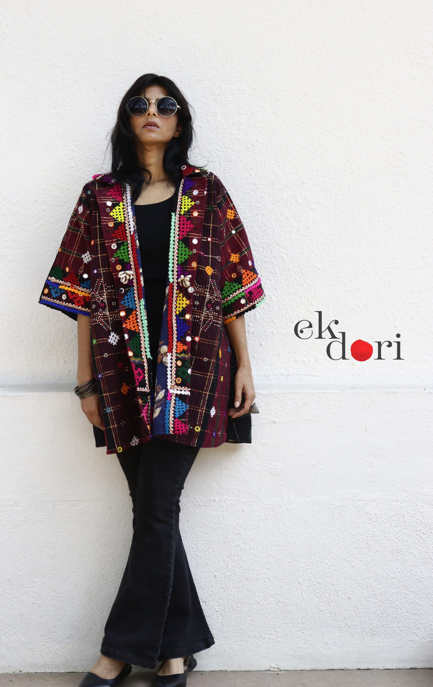 Tangaliya Shawl Jacket With Kutch Embroidery - 'Black & Rust' Tangaliya Boho Jacket