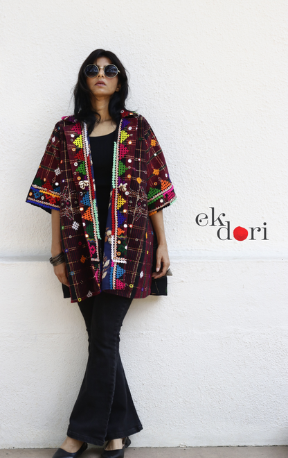 Tangaliya Shawl Jacket With Kutch Embroidery - 'Black & Rust' Tangaliya Boho Jacket