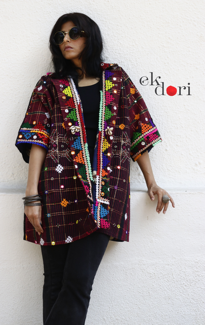 Tangaliya Shawl Jacket With Kutch Embroidery - 'Black & Rust' Tangaliya Boho Jacket