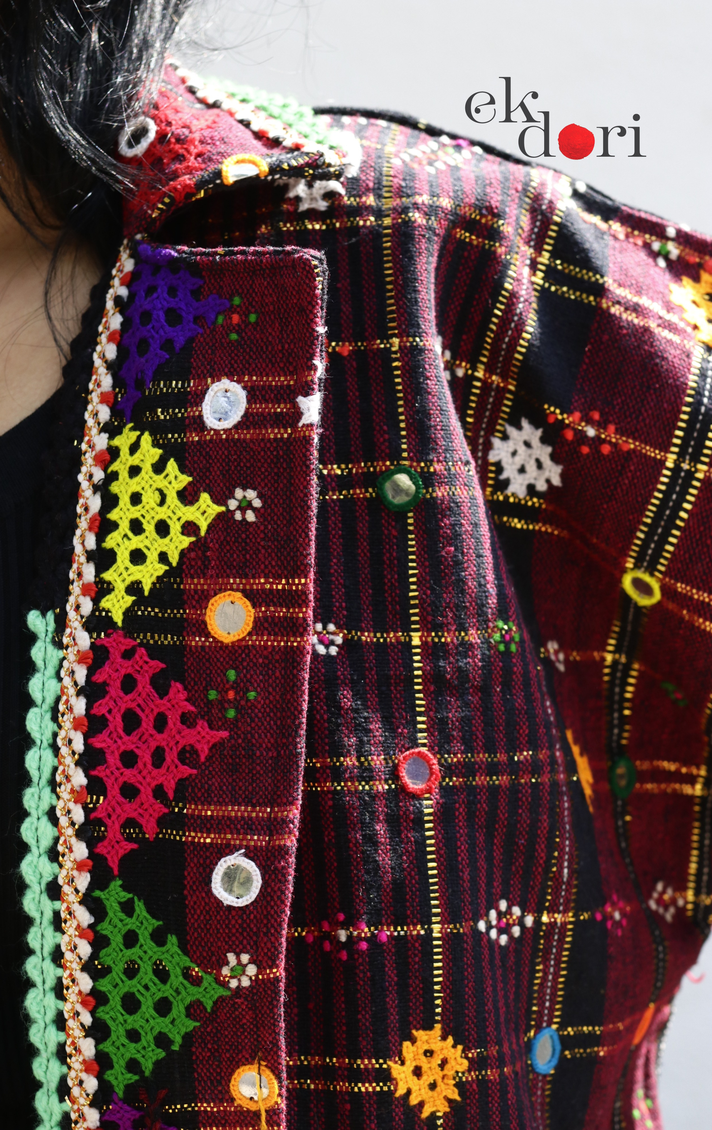 Tangaliya Shawl Jacket With Kutch Embroidery - 'Black & Rust' Tangaliya Boho Jacket