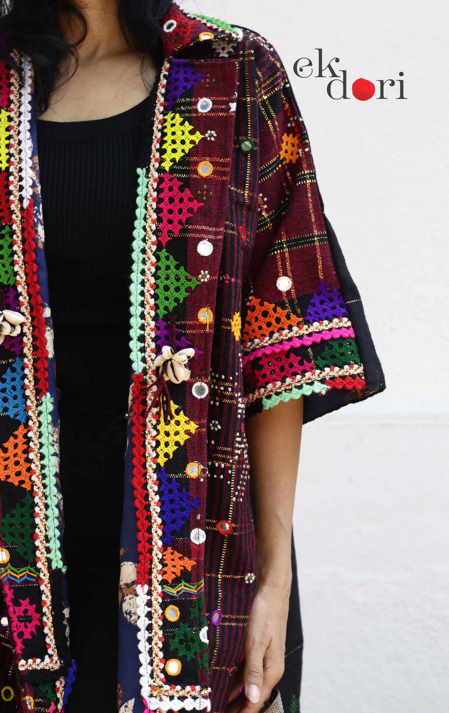 Tangaliya Shawl Jacket With Kutch Embroidery - 'Black & Rust' Tangaliya Boho Jacket