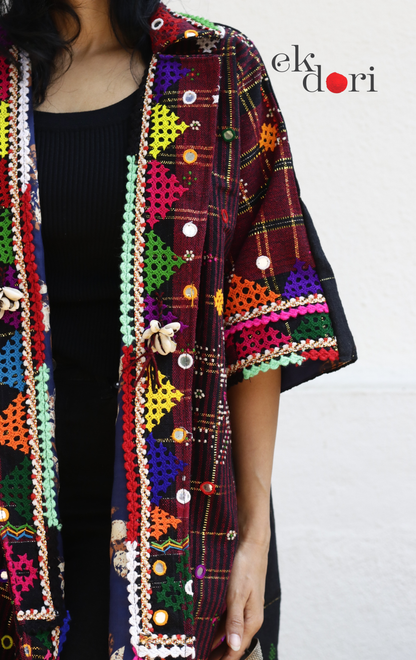 Tangaliya Shawl Jacket With Kutch Embroidery - 'Black & Rust' Tangaliya Boho Jacket