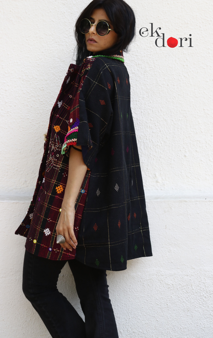 Tangaliya Shawl Jacket With Kutch Embroidery - 'Black & Rust' Tangaliya Boho Jacket