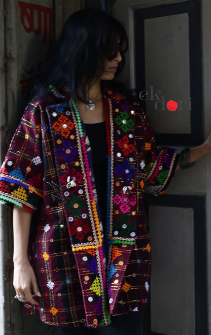 Tangaliya Shawl Jacket With Kutch Embroidery - '70's Child' Tangaliya Boho Jacket