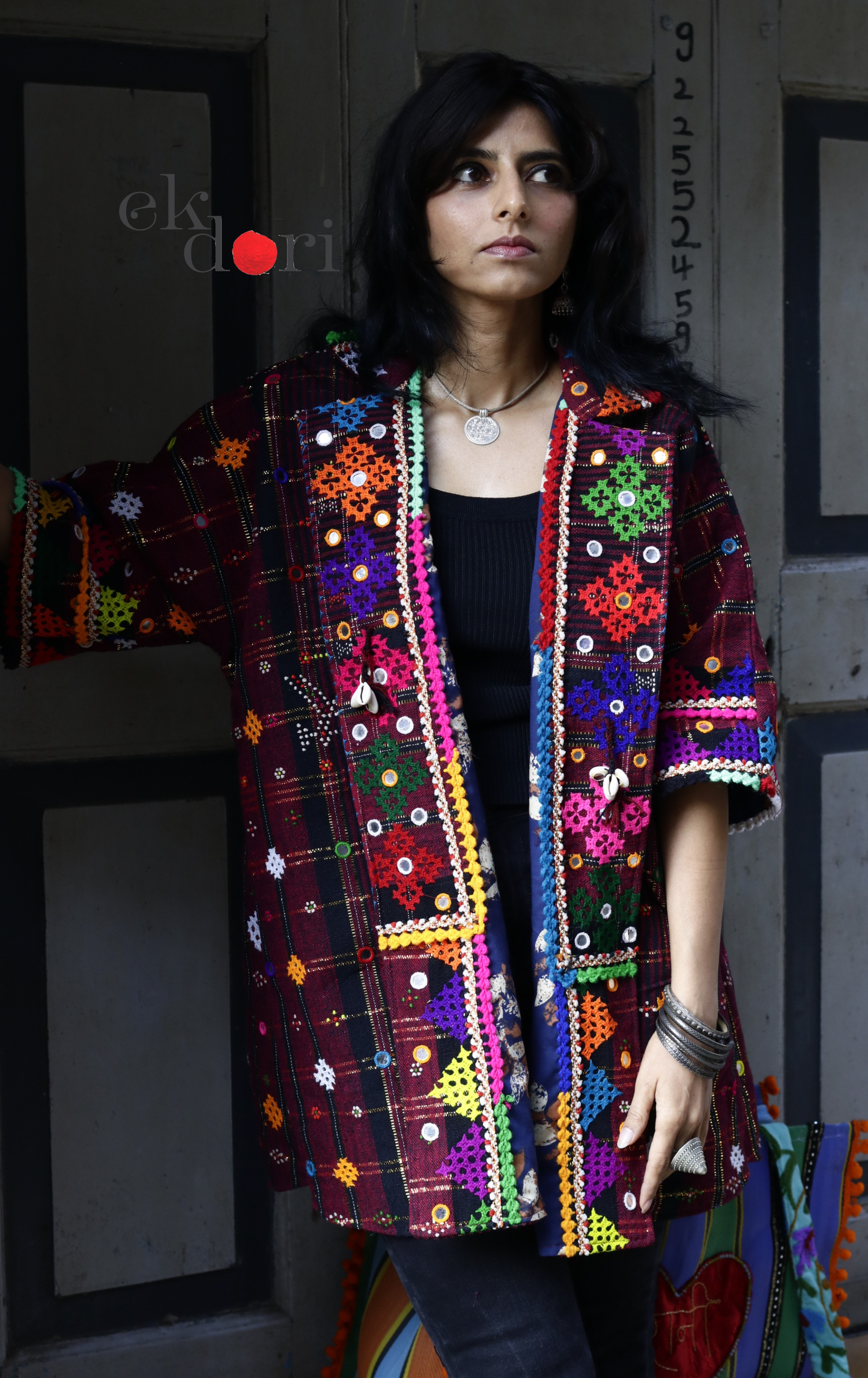 Tangaliya Shawl Jacket With Kutch Embroidery - '70's Child' Tangaliya Boho Jacket