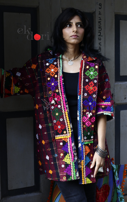Tangaliya Shawl Jacket With Kutch Embroidery - '70's Child' Tangaliya Boho Jacket