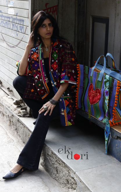 Tangaliya Shawl Jacket With Kutch Embroidery - '70's Child' Tangaliya Boho Jacket