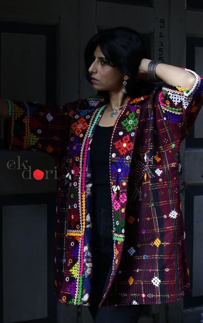Tangaliya Shawl Jacket With Kutch Embroidery - '70's Child' Tangaliya Boho Jacket