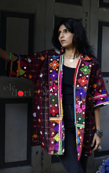 Tangaliya Shawl Jacket With Kutch Embroidery - '70's Child' Tangaliya Boho Jacket