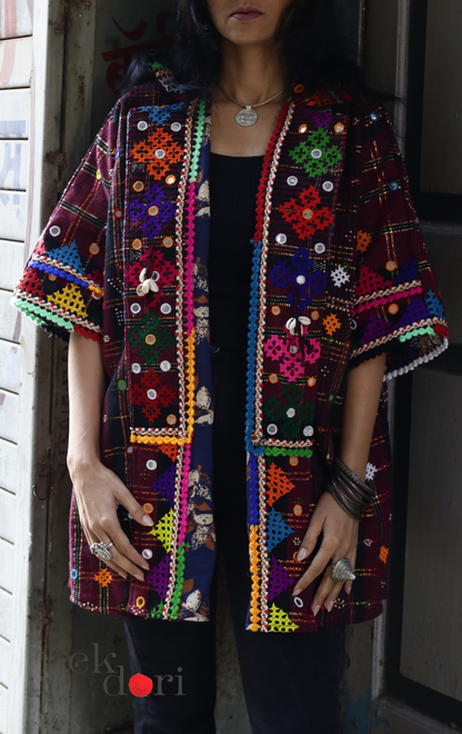 Tangaliya Shawl Jacket With Kutch Embroidery - '70's Child' Tangaliya Boho Jacket