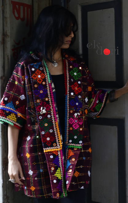 Tangaliya Shawl Jacket With Kutch Embroidery - '70's Child' Tangaliya Boho Jacket