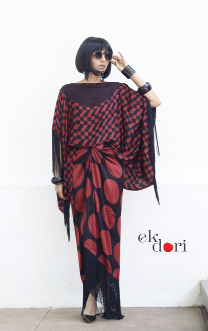 Ajrakh Modal Drape Top & Fringe Skirt Co-ord Set in Purple &amp; Black | 'Disco Dance' | Ek Dori