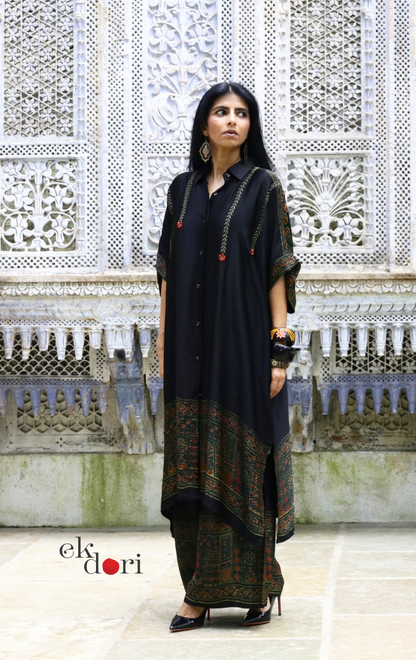 Ajrakh Kaftan Kurta Dress 'Bageecha' : Modal Ajrakh Hand Block Kaftan Kurta Palazzo Set