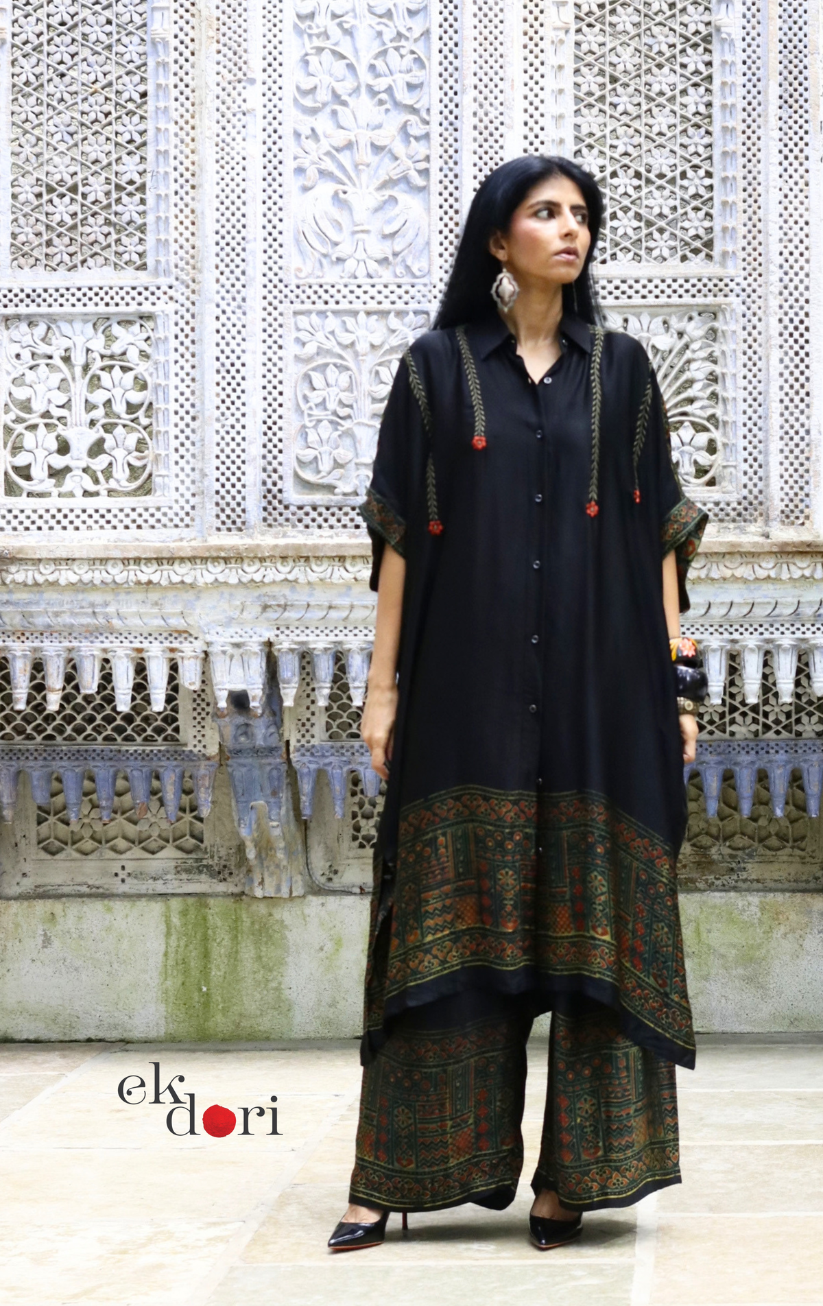 Ajrakh Kaftan Kurta Dress 'Bageecha' : Modal Ajrakh Hand Block Kaftan Kurta Palazzo Set