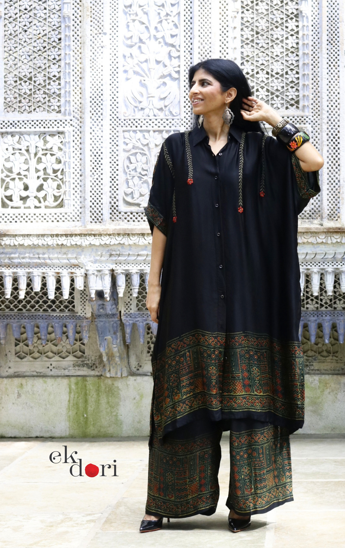 Ajrakh Kaftan Kurta Dress 'Bageecha' : Modal Ajrakh Hand Block Kaftan Kurta Palazzo Set