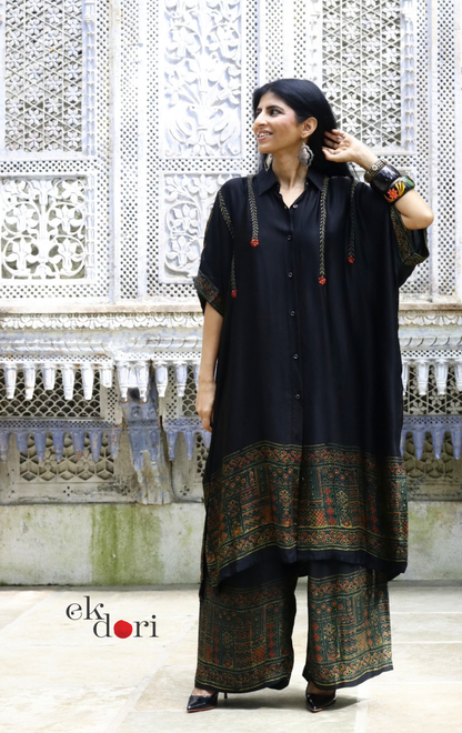 Ajrakh Kaftan Kurta Dress 'Bageecha' : Modal Ajrakh Hand Block Kaftan Kurta Palazzo Set