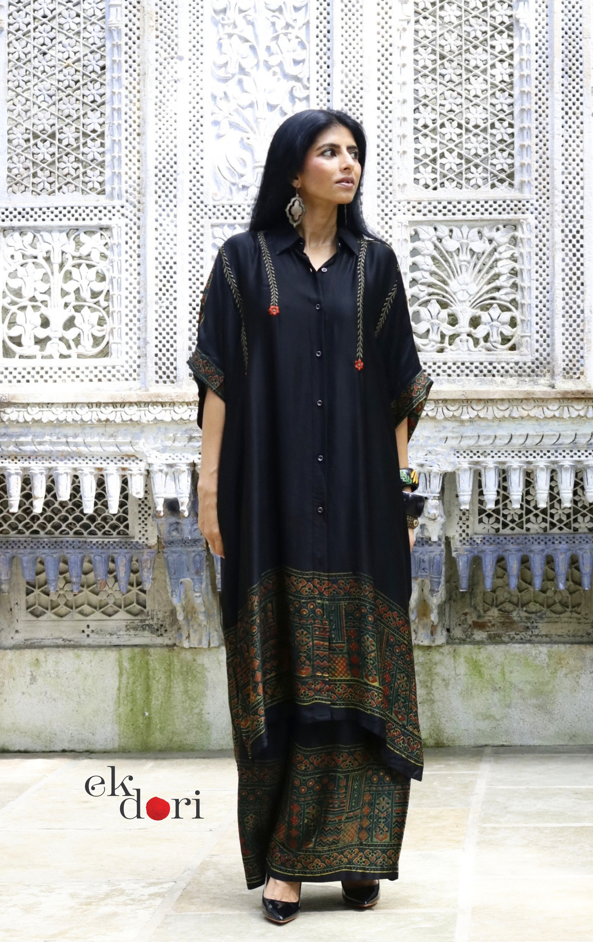 Ajrakh Kaftan Kurta Dress 'Bageecha' : Modal Ajrakh Hand Block Kaftan Kurta Palazzo Set